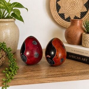 Besmo Kenya Hand Carved Soapstone Eggs Set of 2 Red Orange African Art Decor